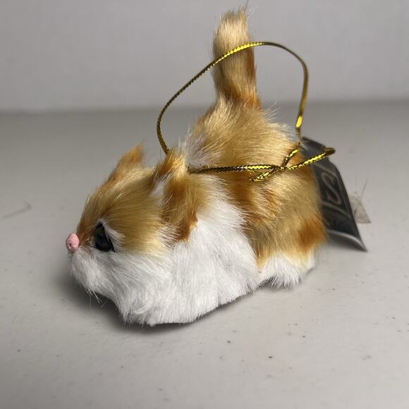 Cat Kitten Faux Fur Christmas Ornament Miniature Mini Glass Eyes Orange Black - Picture 11 of 15